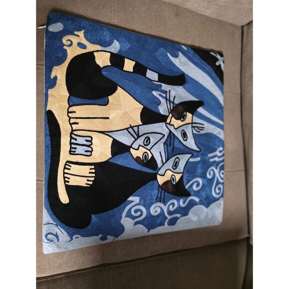 Modern Abstract Embroidered Pillow Cover  Handmade Blue & Gold Boho Feline Art - Picture 9 of 11
